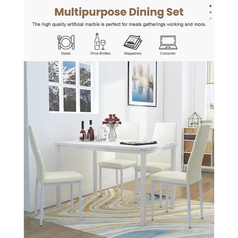 Ensemble de table à manger Mieres de style moderne 5 pièces à plateau en faux marbre avec 4 chaises de salle à manger rembourrées en similicuir