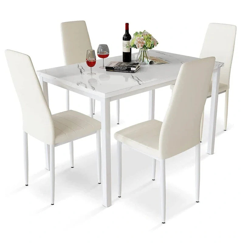 Ensemble de table à manger Mieres de style moderne 5 pièces à plateau en faux marbre avec 4 chaises de salle à manger rembourrées en similicuir