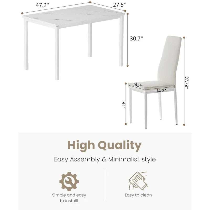 Ensemble de table à manger Mieres de style moderne 5 pièces à plateau en faux marbre avec 4 chaises de salle à manger rembourrées en similicuir