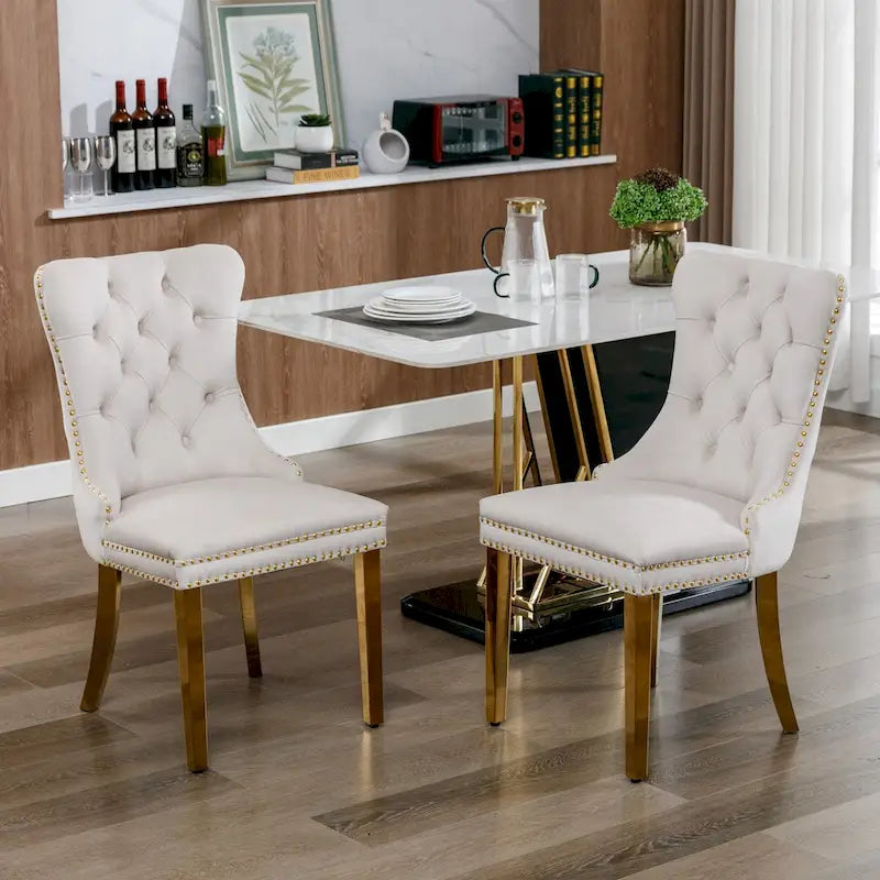 Chaise de salle à manger haut de gamme capitonnée en velours, bois massif contemporain, pieds en acier inoxydable plaqué doré, lot de 2