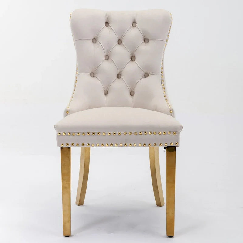 Chaise de salle à manger haut de gamme capitonnée en velours, bois massif contemporain, pieds en acier inoxydable plaqué doré, lot de 2