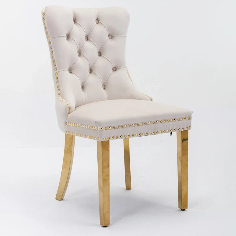 Chaise de salle à manger haut de gamme capitonnée en velours, bois massif contemporain, pieds en acier inoxydable plaqué doré, lot de 2