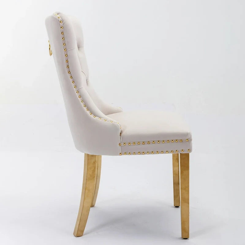 Chaise de salle à manger haut de gamme capitonnée en velours, bois massif contemporain, pieds en acier inoxydable plaqué doré, lot de 2