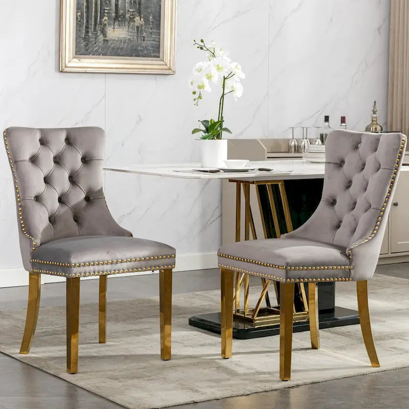Chaise de salle à manger haut de gamme capitonnée en velours, bois massif contemporain, pieds en acier inoxydable plaqué doré, lot de 2