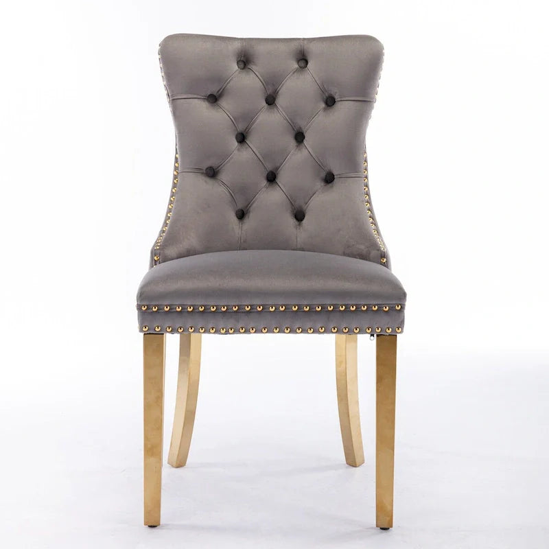 Chaise de salle à manger haut de gamme capitonnée en velours, bois massif contemporain, pieds en acier inoxydable plaqué doré, lot de 2