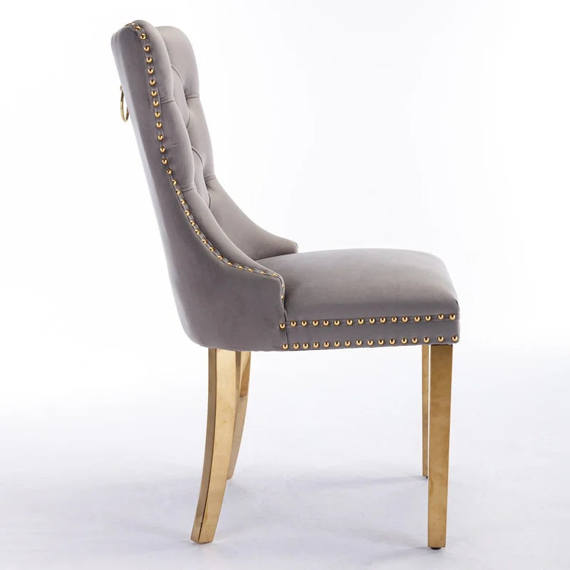 Chaise de salle à manger haut de gamme capitonnée en velours, bois massif contemporain, pieds en acier inoxydable plaqué doré, lot de 2