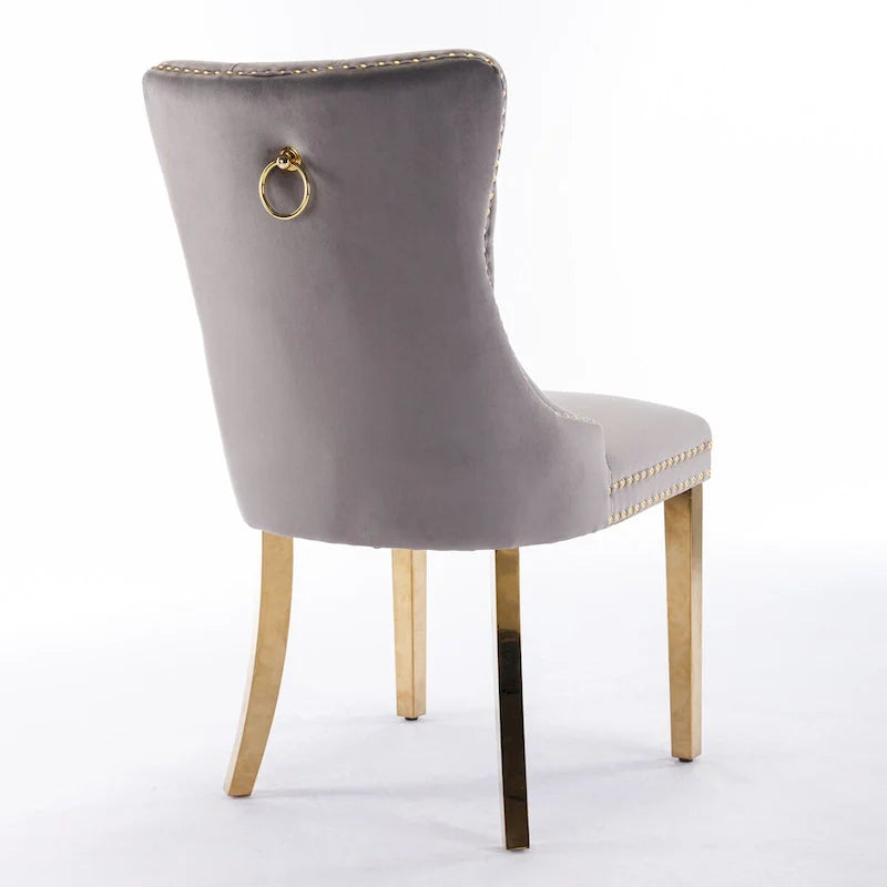 Chaise de salle à manger haut de gamme capitonnée en velours, bois massif contemporain, pieds en acier inoxydable plaqué doré, lot de 2