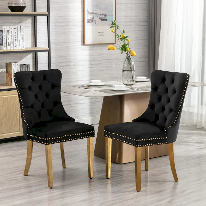 Chaise de salle à manger haut de gamme capitonnée en velours, bois massif contemporain, pieds en acier inoxydable plaqué doré, lot de 2