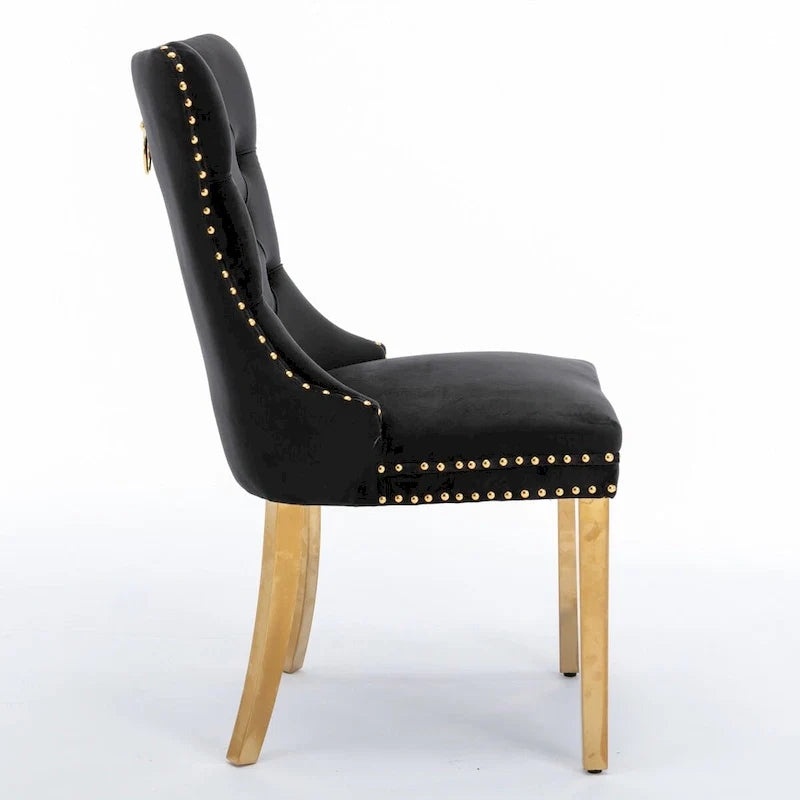 Chaise de salle à manger haut de gamme capitonnée en velours, bois massif contemporain, pieds en acier inoxydable plaqué doré, lot de 2