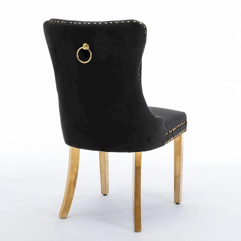 Chaise de salle à manger haut de gamme capitonnée en velours, bois massif contemporain, pieds en acier inoxydable plaqué doré, lot de 2