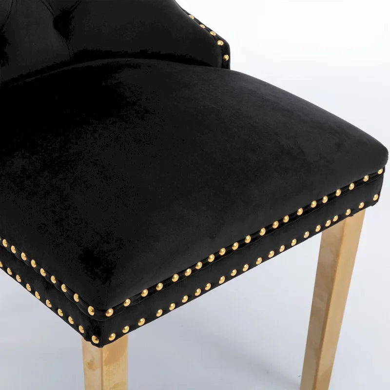 Chaise de salle à manger haut de gamme capitonnée en velours, bois massif contemporain, pieds en acier inoxydable plaqué doré, lot de 2