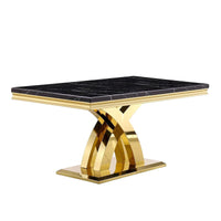 Table de salle à manger noire et dorée avec plateau de 65 pouces et piètement double X en acier inoxydable poli doré
