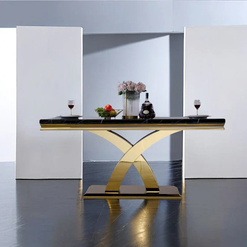 Table de salle à manger noire et dorée avec plateau de 65 pouces et piètement double X en acier inoxydable poli doré