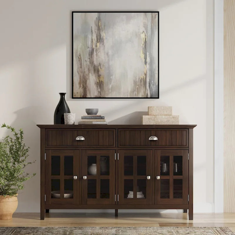 WYNDENHALL Normandy Buffet Grand bahut rectangulaire de style transitionnel en bois massif de 60 pouces de large, couleur brun brunette