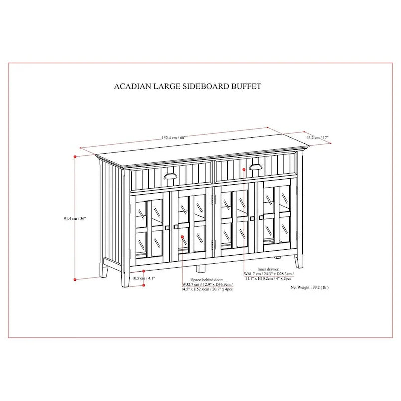 WYNDENHALL Normandy Buffet Grand bahut rectangulaire de style transitionnel en bois massif de 60 pouces de large, couleur brun brunette