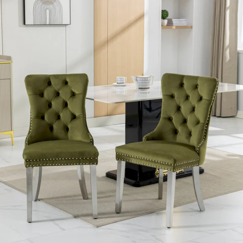 Chaise de salle à manger haut de gamme capitonnée en velours contemporain en bois massif avec pieds plaqués en acier inoxydable chromé