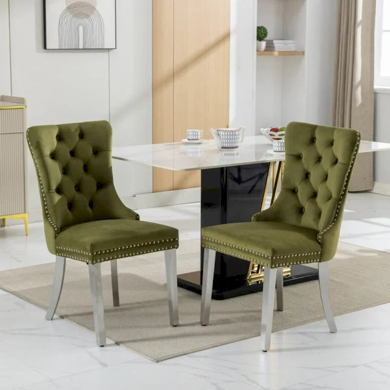 Chaise de salle à manger haut de gamme capitonnée en velours contemporain en bois massif avec pieds plaqués en acier inoxydable chromé