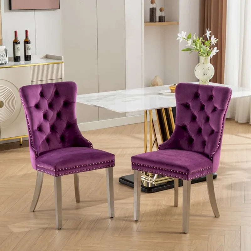 Chaise de salle à manger haut de gamme capitonnée en velours contemporain en bois massif avec pieds plaqués en acier inoxydable chromé