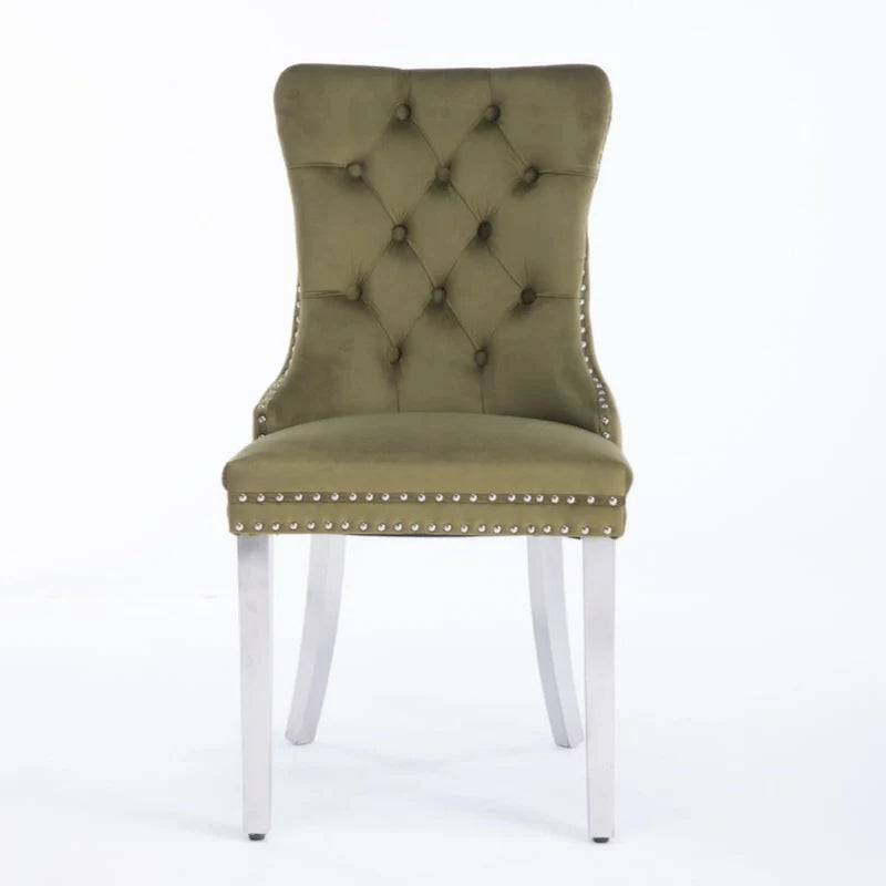 Chaise de salle à manger haut de gamme capitonnée en velours contemporain en bois massif avec pieds plaqués en acier inoxydable chromé