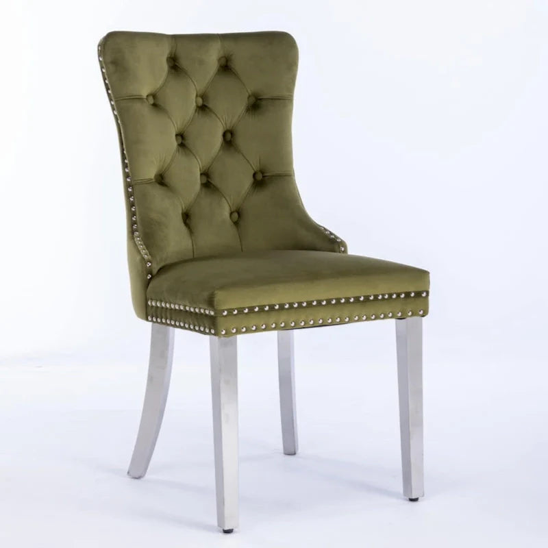 Chaise de salle à manger haut de gamme capitonnée en velours contemporain en bois massif avec pieds plaqués en acier inoxydable chromé