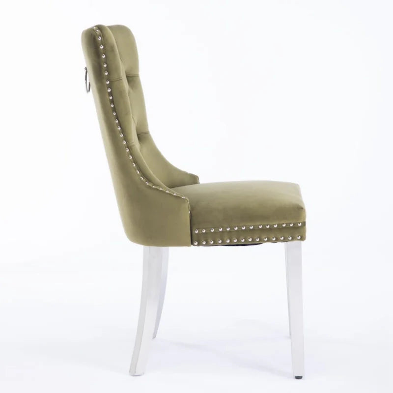 Chaise de salle à manger haut de gamme capitonnée en velours contemporain en bois massif avec pieds plaqués en acier inoxydable chromé