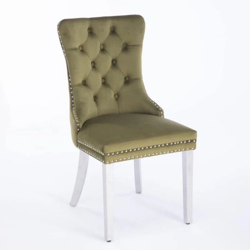 Chaise de salle à manger haut de gamme capitonnée en velours contemporain en bois massif avec pieds plaqués en acier inoxydable chromé