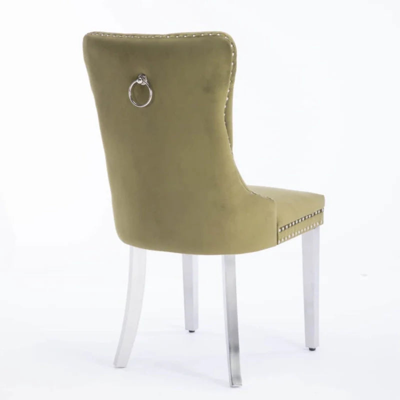 Chaise de salle à manger haut de gamme capitonnée en velours contemporain en bois massif avec pieds plaqués en acier inoxydable chromé