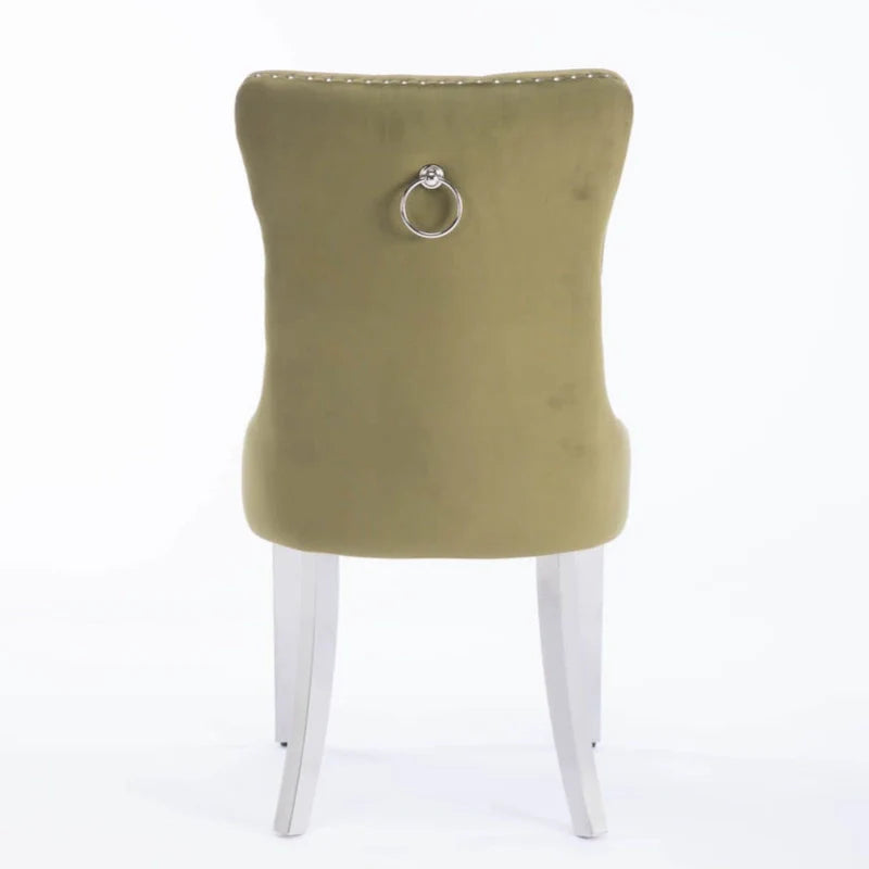 Chaise de salle à manger haut de gamme capitonnée en velours contemporain en bois massif avec pieds plaqués en acier inoxydable chromé
