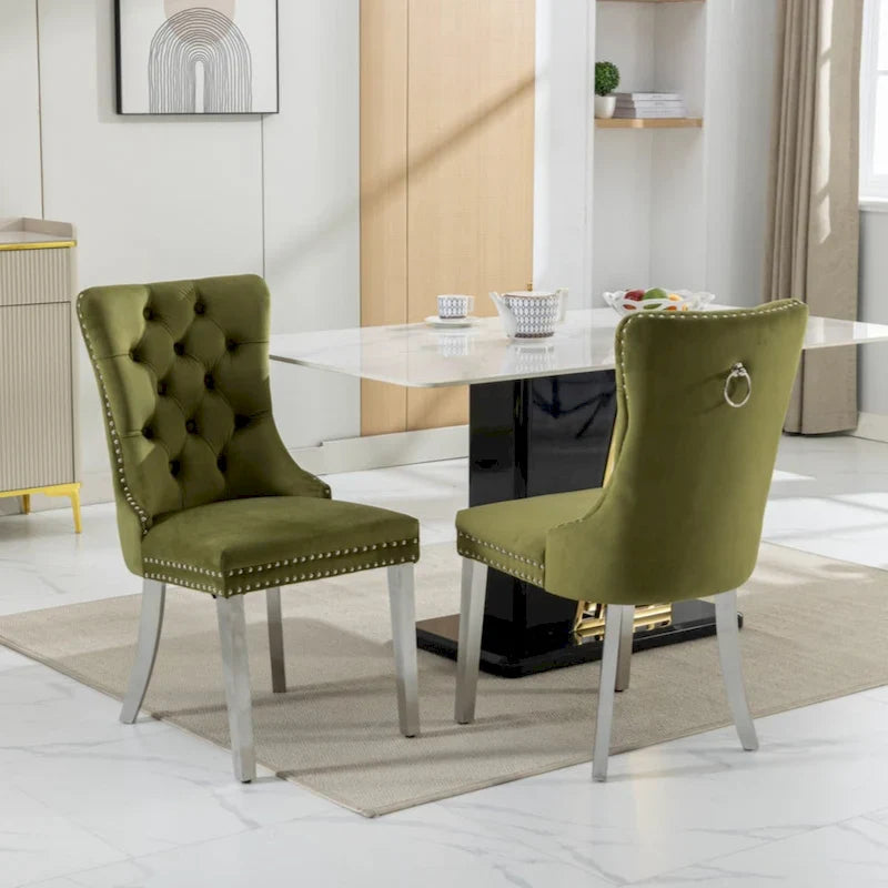 Chaise de salle à manger haut de gamme capitonnée en velours contemporain en bois massif avec pieds plaqués en acier inoxydable chromé