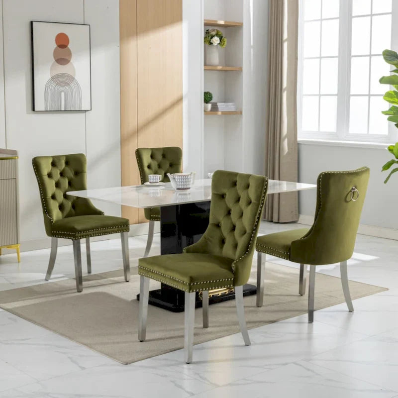 Chaise de salle à manger haut de gamme capitonnée en velours contemporain en bois massif avec pieds plaqués en acier inoxydable chromé
