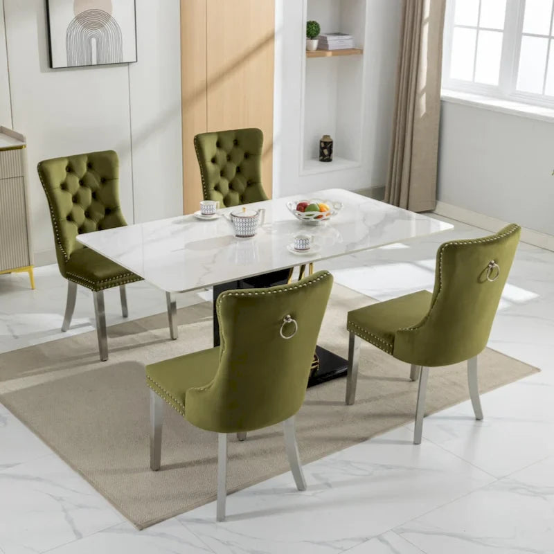 Chaise de salle à manger haut de gamme capitonnée en velours contemporain en bois massif avec pieds plaqués en acier inoxydable chromé