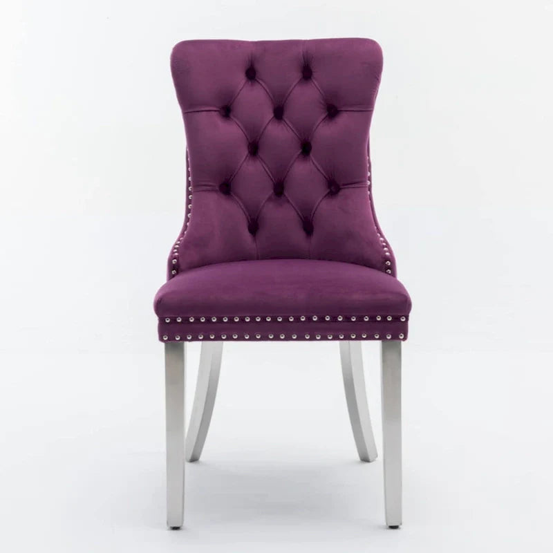 Chaise de salle à manger haut de gamme capitonnée en velours contemporain en bois massif avec pieds plaqués en acier inoxydable chromé