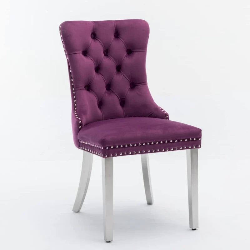 Chaise de salle à manger haut de gamme capitonnée en velours contemporain en bois massif avec pieds plaqués en acier inoxydable chromé
