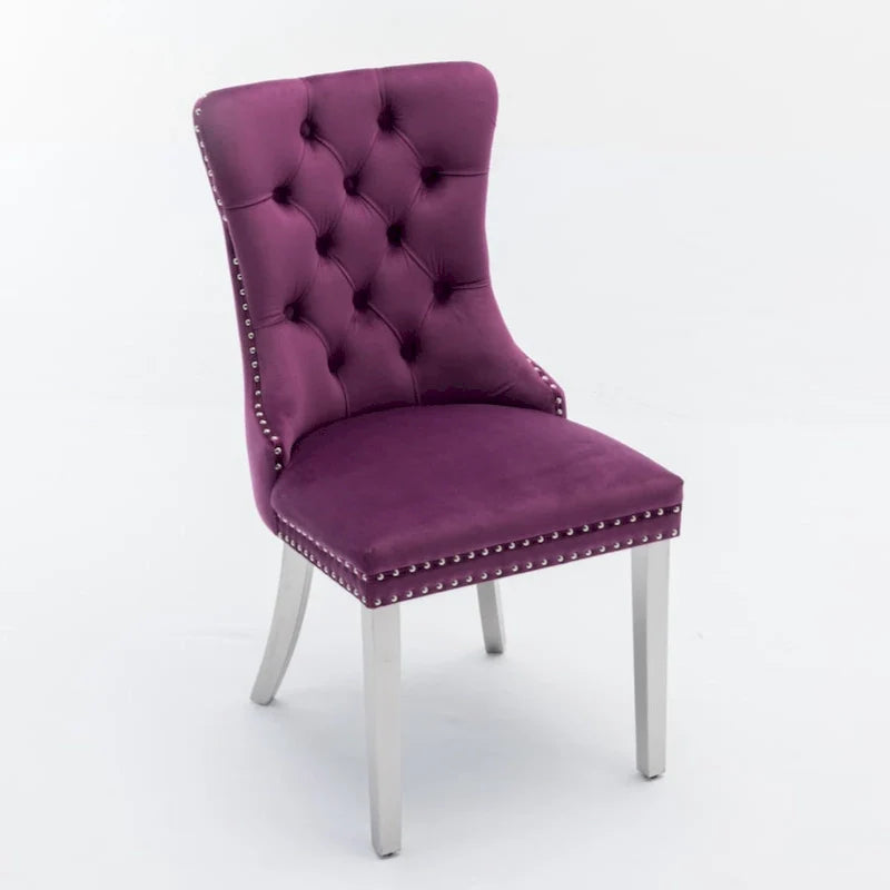 Chaise de salle à manger haut de gamme capitonnée en velours contemporain en bois massif avec pieds plaqués en acier inoxydable chromé