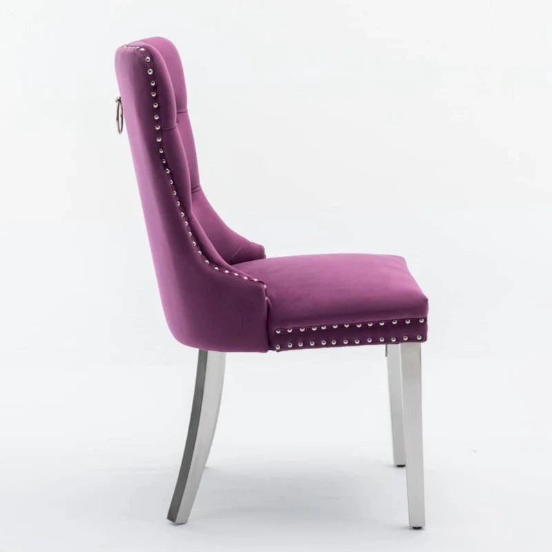 Chaise de salle à manger haut de gamme capitonnée en velours contemporain en bois massif avec pieds plaqués en acier inoxydable chromé