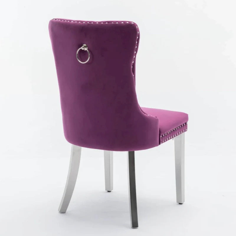 Chaise de salle à manger haut de gamme capitonnée en velours contemporain en bois massif avec pieds plaqués en acier inoxydable chromé