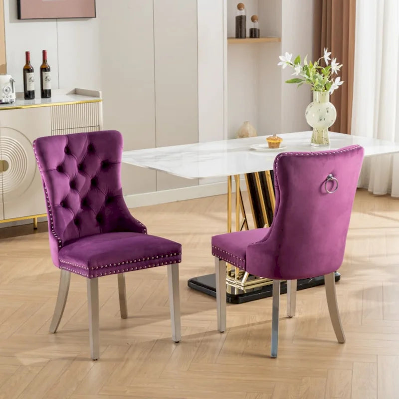 Chaise de salle à manger haut de gamme capitonnée en velours contemporain en bois massif avec pieds plaqués en acier inoxydable chromé