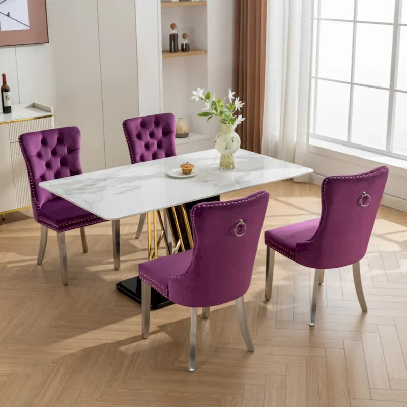 Chaise de salle à manger haut de gamme capitonnée en velours contemporain en bois massif avec pieds plaqués en acier inoxydable chromé