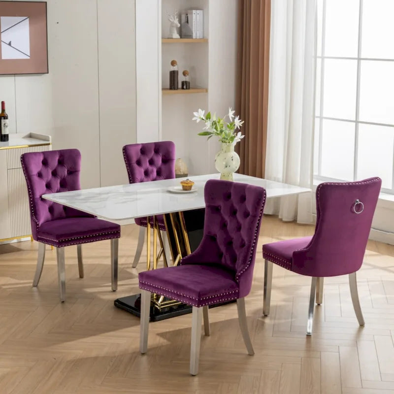 Chaise de salle à manger haut de gamme capitonnée en velours contemporain en bois massif avec pieds plaqués en acier inoxydable chromé