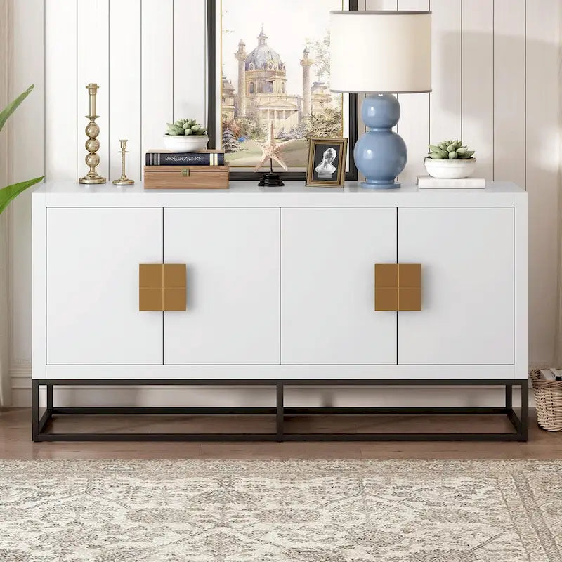Meuble de rangement luxueux avec pieds de support uniques et étagères réglables