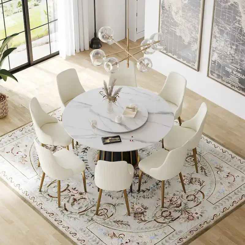 Table à manger ronde blanche 59" avec plateau tournant, dessus en pierre frittée - S.O.