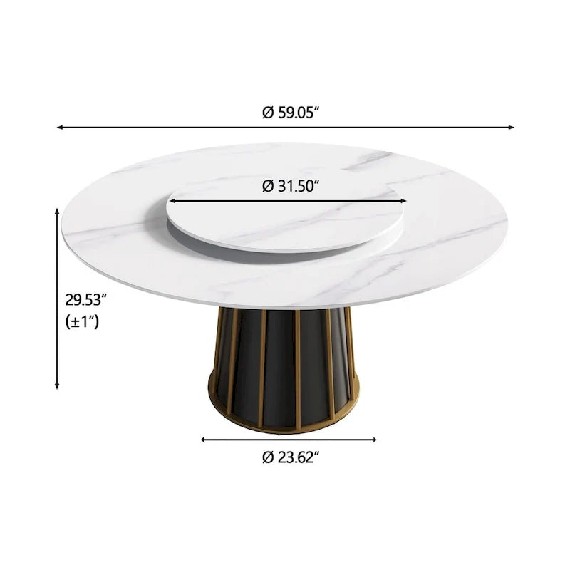 Table à manger ronde blanche 59" avec plateau tournant, dessus en pierre frittée - S.O.