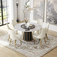 Table à manger ronde blanche 59" avec plateau tournant, dessus en pierre frittée - S.O.