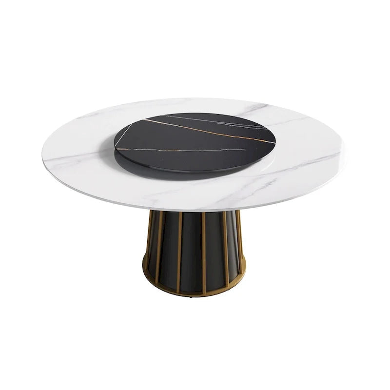 Table à manger ronde blanche 59" avec plateau tournant, dessus en pierre frittée - S.O.