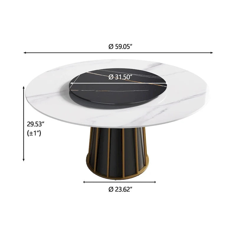 Table à manger ronde blanche 59" avec plateau tournant, dessus en pierre frittée - S.O.