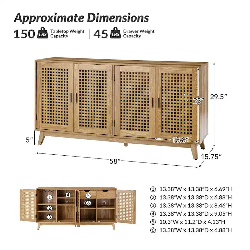 Buffet contemporain Alexis de 58 po de largeur avec pieds en bois massif par HULALA HOME