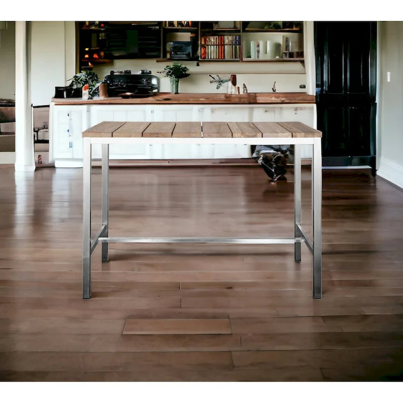 Table à manger HomeRoots 55 en bois massif marron et argent avec acier inoxydable