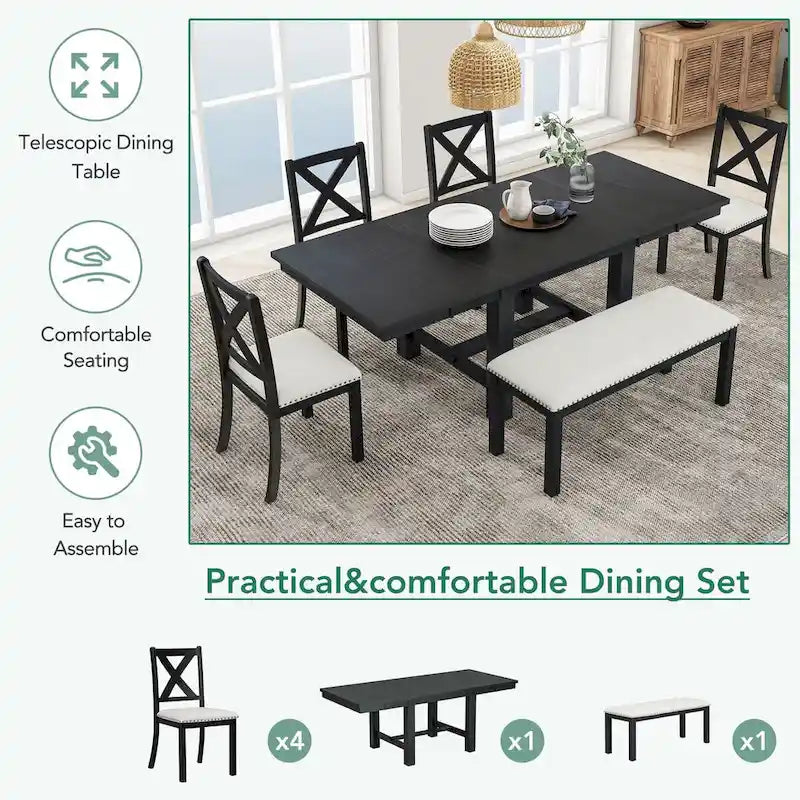 Ensemble de table à manger extensible 6 pièces avec 4 chaises et banc