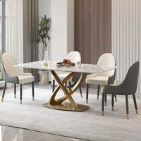 Table de salle à manger de 180 cm, Table de salle à manger moderne pour 8 personnes, en pierre frittée blanc antique avec pied piédestal en acier inoxydable doré