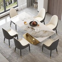Table de salle à manger de 180 cm, Table de salle à manger moderne pour 8 personnes, en pierre frittée blanc antique avec pied piédestal en acier inoxydable doré